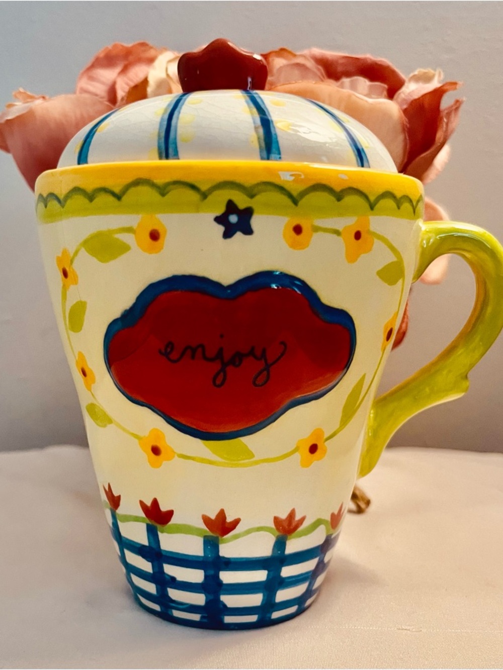 Kimberly Hodges Vintage Colorful “ENJOY” Hand-Painted Ceramic Lidded Mug.